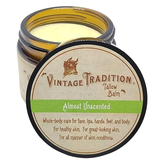 Vintage Tradition Beef Tallow All Purpose Balm - Healing, Hydrating Mild Scent Skin Care Salve Replaces Body Lotion, Hand Cream, More - Essential Oil, Olive Oil, and Grass-Fed Tallow, 2 fl. oz.