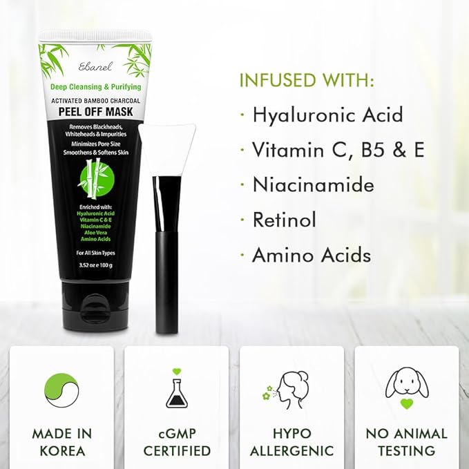 Ebanel Charcoal Peel Off Face Mask Applicator Set, Deep Pore Cleansing Minimizer Blackhead Remover with Niacinamide, Hyaluronic Acid, Vitamin C, Green Tea, Deep Cleanse Black Masks Peel Off Gel Mask