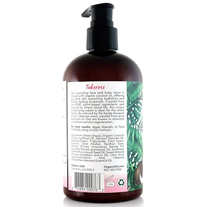 Coco Fiji Face & Body Lotion Infused With Coconut Oil | Lotion for Dry Skin | Moisturizer Face Cream & Massage Lotion for Women & Men |Tuberose 12 ozPack of 3