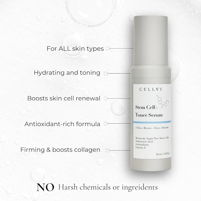 Korean Stem Cell + Toner Serum w/Moroccan Argan Tree Stem Cells, Hyaluronic Acid & Antioxidants, Firming, Hydrating, Anti-Aging, Boosts Collagen Production, Cooling w/Aloe Vera