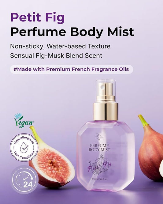 BOM Petit Fig Perfume Body Mist 3.71 Fl Oz, Fig Scented Fine Mist with Hyaluronic Acid, Niacinamide & Vitamin C, Hydrating, Lightweight Spray with Long-Lasting Fragrance, Korean Skincare
