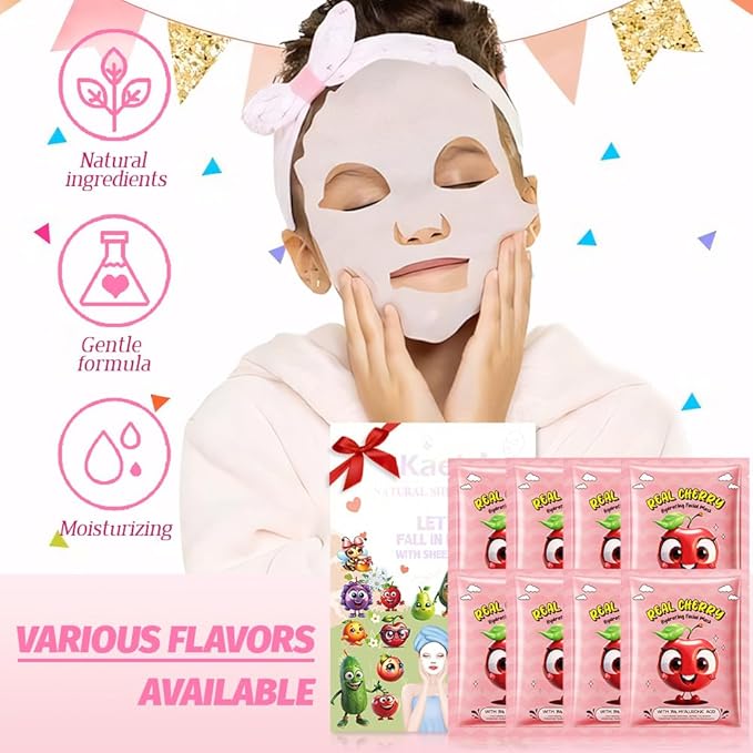 8 Pack Cherry Kids Face Mask,Pink Face Masks Skincare Spa Day Kit Supplies,Spa Party Favors for Teens Girls Women,Sheet Facial Mask Skincare Gifts Set,Moisturize Soothe for All Skin Types