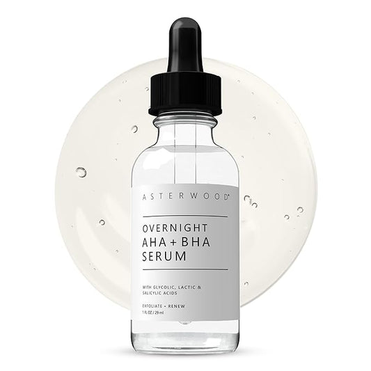 Asterwood Overnight Exfoliating Serum - AHA (Lactic Acid & Glycolic Acid) - BHA (Salicylic Acid) - Supports Improvement of Hyperpigmentation, Dark Spots - Fragrance-Free - 1 Fl Oz