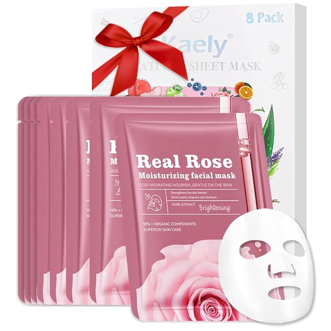 8 Pack Rose Kids Face Mask,Pink Face Masks Skincare Spa Day Kit Supplies,Spa Party Favors for Teens Girls Women,Sheet Facial Mask Skincare Gifts Set,Moisturize Soothe for All Skin Types