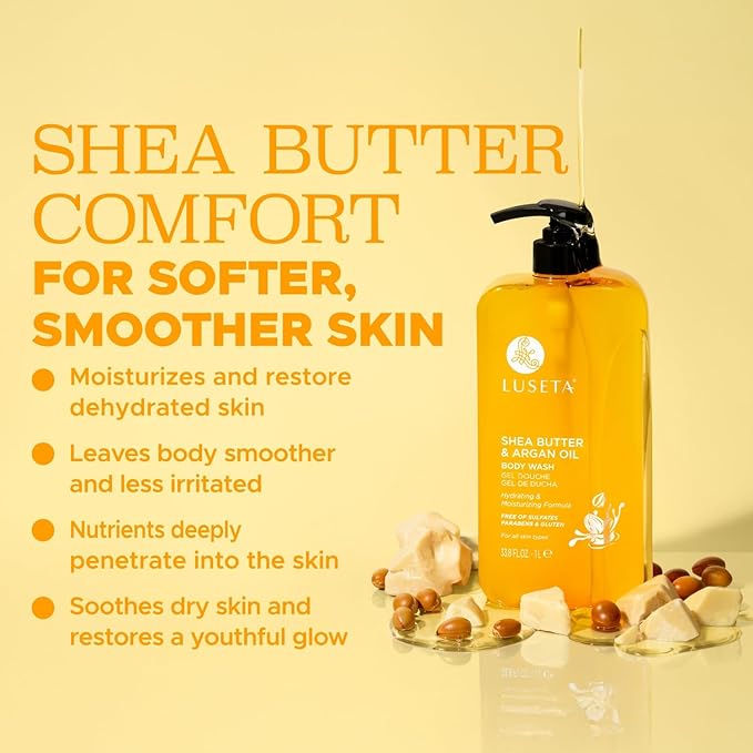 Luseta Shea Butter & Argan Oil Body Wash for Hydrating, Nourishing & Softening, for Daily Moisture, Smoothness & Gentle Cleanse for Dry and Dehydrated Skin, Sulfate & Paraben-Free 33.8oz
