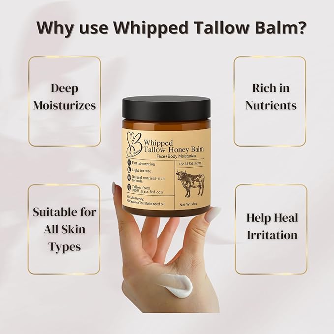 Beef Tallow for Skin- Tallow Balm for face- Tallow Face Moisturizer - Beef Tallow Moisturizer- Tallow and Honey Balm - Grass Fed Beef Tallow For Skin - Tallow Face Cream Lotion (8.0 oz)