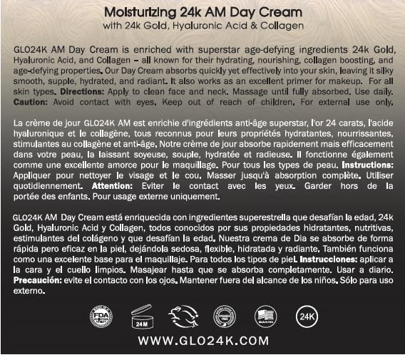 GLO24K Moisturizing Day Cream with 24k Gold, Hyaluronic Acid, Collagen, and Vitamins. For Optimal Hydration.