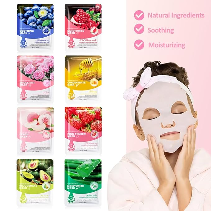 8 Pack Face Sheet Mask Skincare,Hydrating Face Mask For Sensitive Skin,Moisturize,Soothing,Nourish for All Skin Types,Natural Spa Party Facial Mask Skincare Set for Women Men Girls