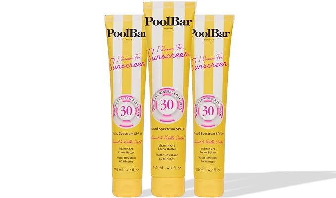 PoolBar SPF 30 Hydrating Mineral Body Sunscreen Cream for Women and Men Skin Care - Coconut Vanilla Scent Sun Care, Vegan and Water Resistant, Broad Spectrum Sunscreen, 140 ml (4.7 Fl. Oz) (Pack of 3)
