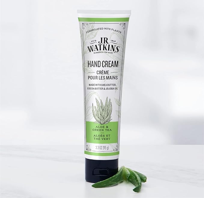 J.R. Watkins Natural Moisturizing Hand Cream, Hydrating Hand Moisturizer with Shea Butter, Cocoa Butter, and Avocado Oil, USA Made and Cruelty Free, 3.3oz, Aloe & Green Tea, Single