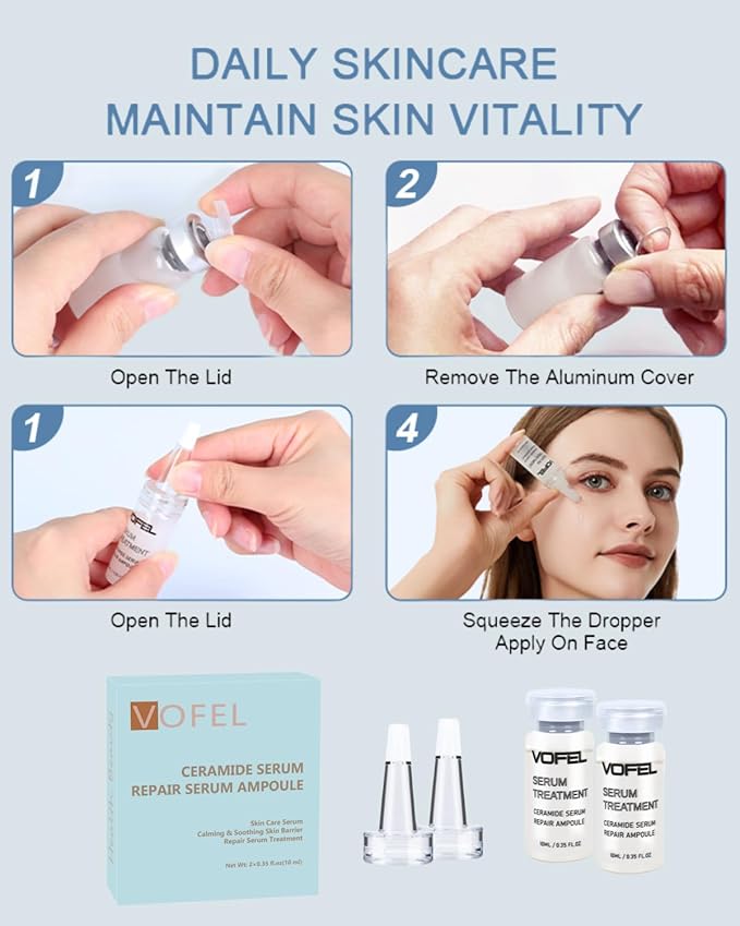Ceramide Serum for Skin Barrier Repair, Hydrating Serum to Reduce Dryness and Wrinkles, 5% Ceramide Face Serum Ampoule Solution 2 Vials