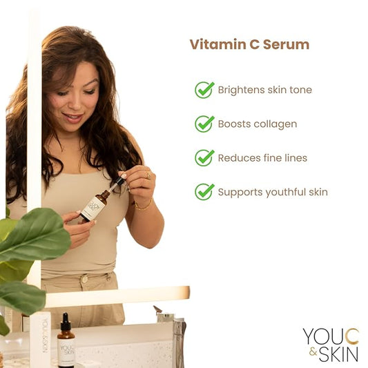 You C & Skin Vitamin C Serum 1.7 fl oz – Hydrating Face & Neck Serum for Men & Women – Lightweight, Non-Greasy Formula with Niacinamide & Peptides