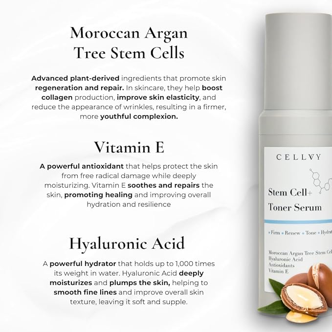 Korean Stem Cell + Toner Serum w/Moroccan Argan Tree Stem Cells, Hyaluronic Acid & Antioxidants, Firming, Hydrating, Anti-Aging, Boosts Collagen Production, Cooling w/Aloe Vera