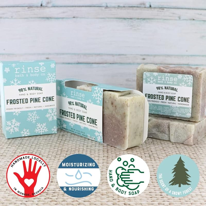 Rinse Bath & Body Frosted Pine Cone Soap - Handmade Pine Cone Scented Castile Soap | Naturally Moisturizing Bar Soap | Shea & Cocoa Butter | Essential Oils | Natural Soap |Vegan | Gluten Free |4.25oz