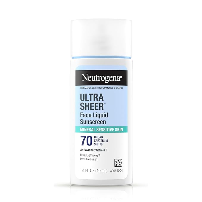 Neutrogena Ultra Sheer Mineral Face Liquid Sunscreen SPF 70, Broad Spectrum UVA UVB for Sensitive Skin, Non Greasy, Oxybenzone Free, Vegan, Hypoallergenic, 1.4 fl oz