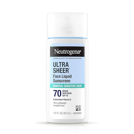 Neutrogena Ultra Sheer Mineral Face Liquid Sunscreen SPF 70, Broad Spectrum UVA UVB for Sensitive Skin, Non Greasy, Oxybenzone Free, Vegan, Hypoallergenic, 1.4 fl oz
