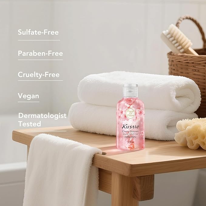 Kustie Cherry Blossom Travel Size Body Wash 100ml – Brightening & Hydrating Perfume Shower Gel with Niacinamide, Real Petals & 24H Floral Fragrance – TSA Approved for Travel, Trial & Gift Use