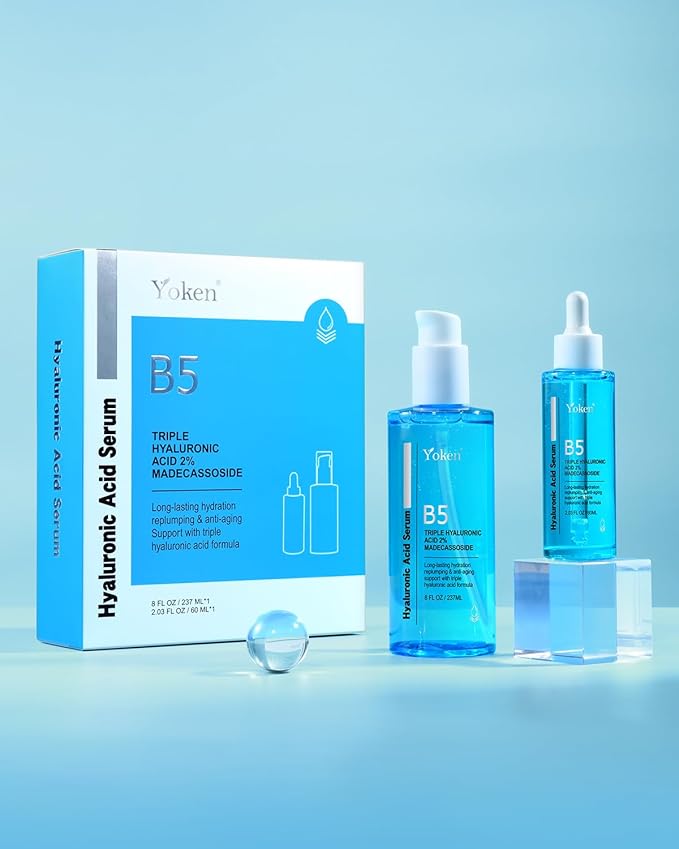 Yoken EWG Verified Hyaluronic Acid Serum for Face 8 + 2 fl oz, Vitamin B5 & Triple Pure Hyaluronic Acid 2%, Anti-aging Facial Serum for Fine Line Wrinkle Hydrating Serum Plump Dry Skin Fragrance-Free