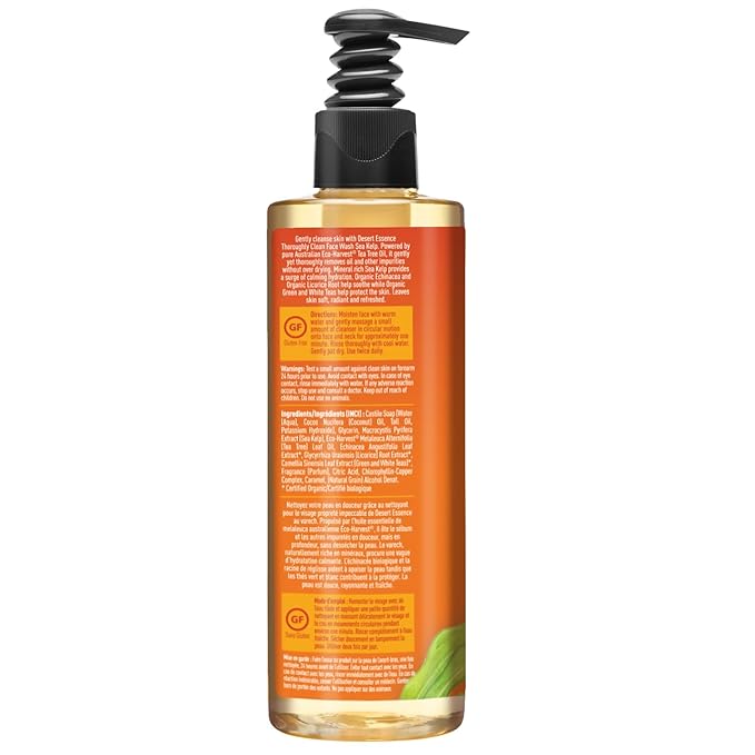 Desert Essence Thoroughly Clean Face Wash with Sea Kelp, Tea Tree Oil, Nourishing Castile Soap, Coconut Oil & More - Gently Remove Dirt & Impurities Without Drying Skin - Vegan, Sulfate Free - 8.5oz