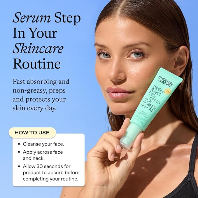 Everyday Humans SPF30 Resting Beach Face Sunscreen Serum for Women, 1.7oz PA +++ | Sheer, Light Glow Finish with Hyaluronic Acid | Make-Up Primer Face SPF Moisturizer For All Skin Types