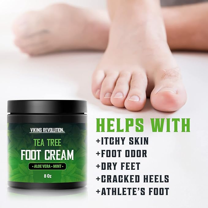 Viking Revolution Tea Tree Foot Cream for Dry Cracked Heels - Foot Balm For Cracked Feet - Dry Feet Repairing Cream with Aloe Vera and Mint (8oz)