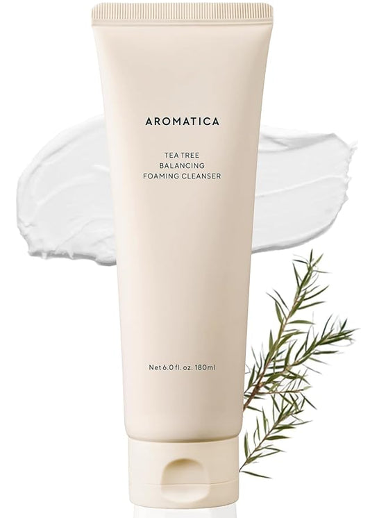 AROMATICA Tea Tree Balancing Foaming Cleanser 6.35oz / 180g, Vegan Double Cleanser Face Wash For Oily Skin, EWG Verified