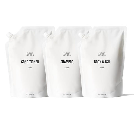 Public Goods Shower Essentials for Men and Women | Natural Shampoo, Conditioner & Body Wash | Made with Organic Essential Oils | Sulfate & Paraben Free | Vegan Friendly | 34 Fl Oz Refill