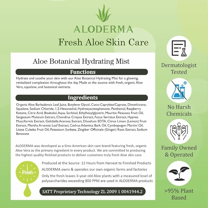 Aloderma Aloe Botanical Hydrating Mist Made with 82% Organic Aloe Vera - Soothing, Moisturizing Facial Spray with Panthenol - Refreshes, Invigorates Skin Throughout the Day, 120ml/4.23Oz (6)