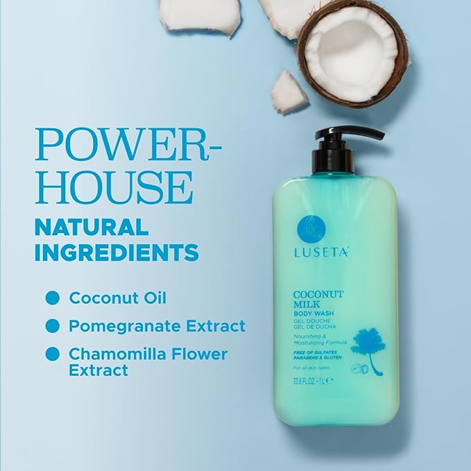 Luseta Coconut Milk Body Wash with Coconut Oil & Pomegranate -Shower Gel Body Wash for Deep Hydration, Gentle Cleansing, Soothes Skin for All Skin Types Sulfate & Paraben-Free 33.8oz