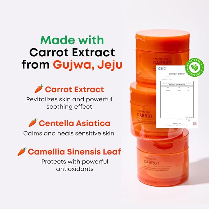Carrot Calming Toner Pads – Korean Face Toner Pad with Centella Asiatica, Hydrating & Pore Minimizer, Soothing & Hydrating with Jeju Carrot Extract, 100% 7 Layer Cotton 40 Pads