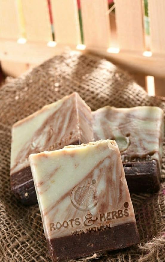 ROOTS AND HERBS Cold Process Gourmet Cleansing Bar Oats, Cacao & Mint Scrubby Body Soap 100% Vegan, Natural & Ayurvedic Gluten Free Soap Suits for All Skin Types for Men & Women - (110 gms/3.8 oz)