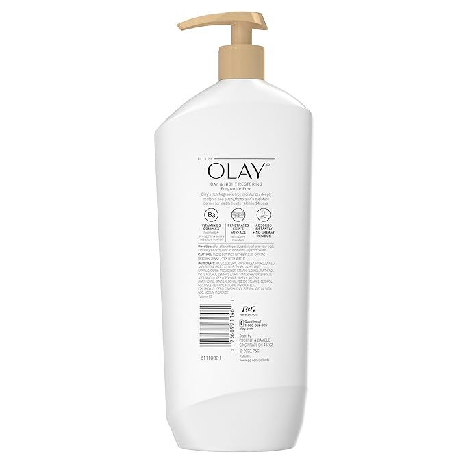 Olay Body Lotion for Women, Day & Night Restoring, 24hr Moisturizing & Deep Hydration, Absorbs Instantly, Penetrating Vitamin B3 Complex, For All Skin Types, Fragrance Free, 18 fl oz