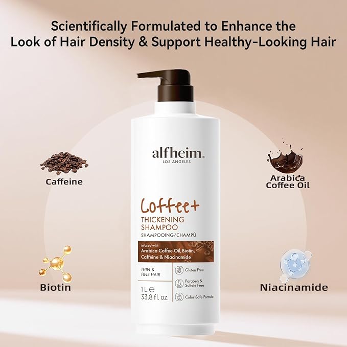 ALFHEIM Coffee+ Thickening Hair Shampoo | Caffeine Complex with Biotin & Niacinamide | Volumize & Strengthen Weak, Thin Hair | Moisturizing Sulfate-Free Formula | Color-Treated Safe | 33.8oz