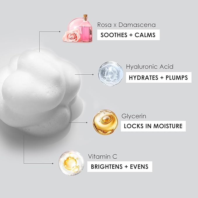 BIOCHEM Bulgarian Rose Foaming Face Wash, 3-in-1 Cleanser Mousse with Rose Oil, Vitamin C & Hyaluronic Acid, Hydrating Gentle Daily Cleanser for All Skin Types, Cruelty-Free (5.75 fl oz / 170 mL)