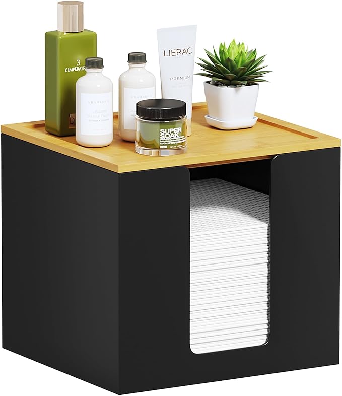 VITVITI Disposable Face Towel Holder Containers, Metal Iron Facial Clean Towels Box for XL Clean Skin Club, Large Capacity With Bamboo Lid for Bathroom, Black