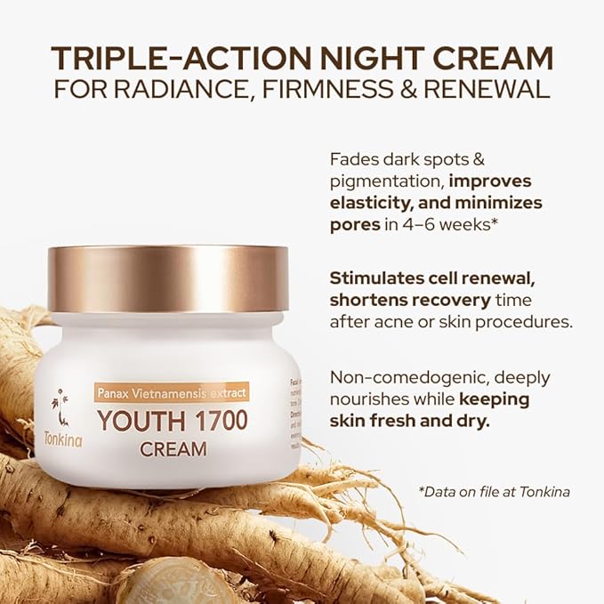 Youth 1700 Anti Aging Night Cream, Face Moisturizer with Niacinamide, Hyaluronic Acid, Peptide, Bakuchiol & Vietnamese Ginseng for Firming, Reduces Fine Lines & Wrinkle, All Skin Types, 1.76 oz