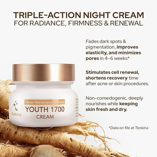 Youth 1700 Anti Aging Night Cream, Face Moisturizer with Niacinamide, Hyaluronic Acid, Peptide, Bakuchiol & Vietnamese Ginseng for Firming, Reduces Fine Lines & Wrinkle, All Skin Types, 1.76 oz