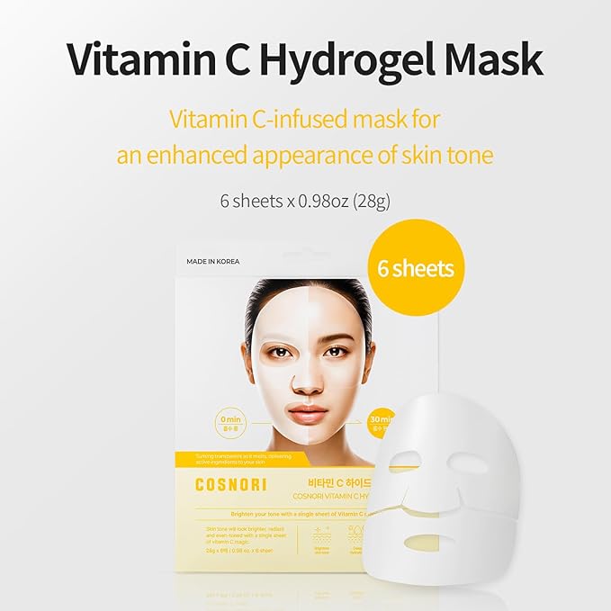COSNORI Vitamin C Hydrogel Mask [6 Pack] - Supports a Brighter-Looking Complexion, Hydrating, Korean Facial Sheet Mask, 0.98 oz (28g)