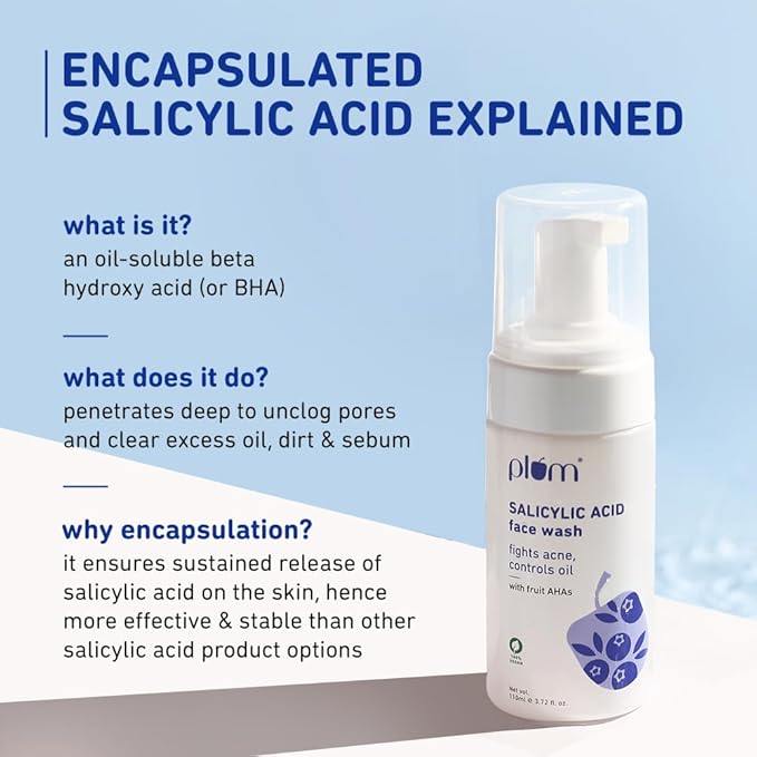 Plum 1% Encapsulated Salicylic Acid Foaming Face Wash with Glycolic Acid, Fruit AHA's & Blueberry Extracts | Fights Acne, Blackheads & Breakouts | For Men & Women | Sulphate-Free | 100% Vegan | 110 ml