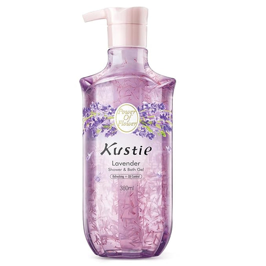 Kustie Lavender Petal Body Wash – Real Provence Petals in Clear Pump Bottle – Antibacterial, Moisturizing & Anti-Acne Shower Gel with Tea Tree Oil, 24HR Floral Scent for Sensitive Skin, 12.8 fl oz