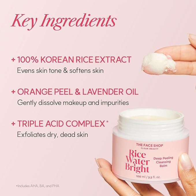 The Face Shop Rice Water Bright Cleansing Balm, Removes Makeup & SPF, 4-in-1 Makeup Remover, for All Skin Types, Korean Rice Extract, Lavender Oil, 100ml / 3.3 fl. oz.