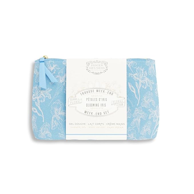 Panier des Sens - Travel Pouch Iris Gift Set - Shower Gel 3.3 fl oz + Body Lotion 3.3 fl oz + Hand Cream 1 fl oz - 97% Natural Ingredients - Made in France, Vegan Friendly Body Care