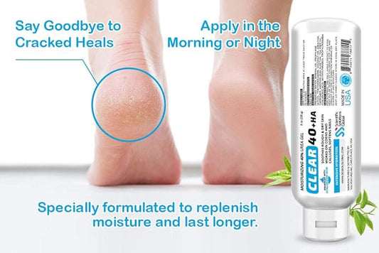 CLEAR 40 HA, 40% Urea Gel, 1% Hyaluronic Acid, 4 oz w/ Tea Tree & Coconut Oil, Aloe Vera, Callus & Corn Remover Softens Cracked Heels, Feet, Elbows, Hands, Nails, Superior hydration to Urea Creams