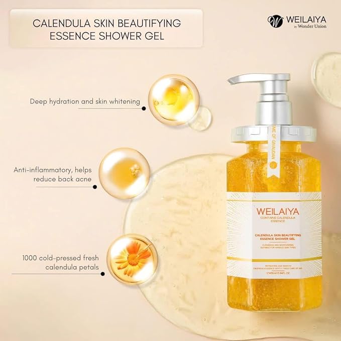Weilaiya Calendula Shower Gel – 450mL / 15.2 fl oz – Soothing Body Wash for All Kinds of Skin, Especially Sensitive Skin – Natural Calendula Extract, Hydrating & Gentle Daily Anti Aging Cleanser