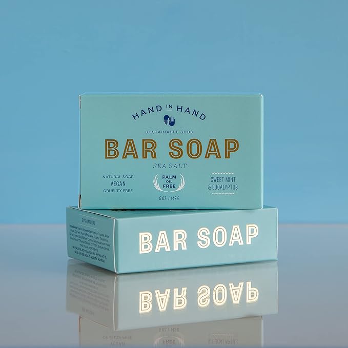 Hand in Hand Bar Soap, Nourishing Cleanser For All Skin Types, Organic Shea and Cocoa Butters, 5 Ounce, Sweet Mint & Eucalyptus, Sea Salt Scent, 4 Pack