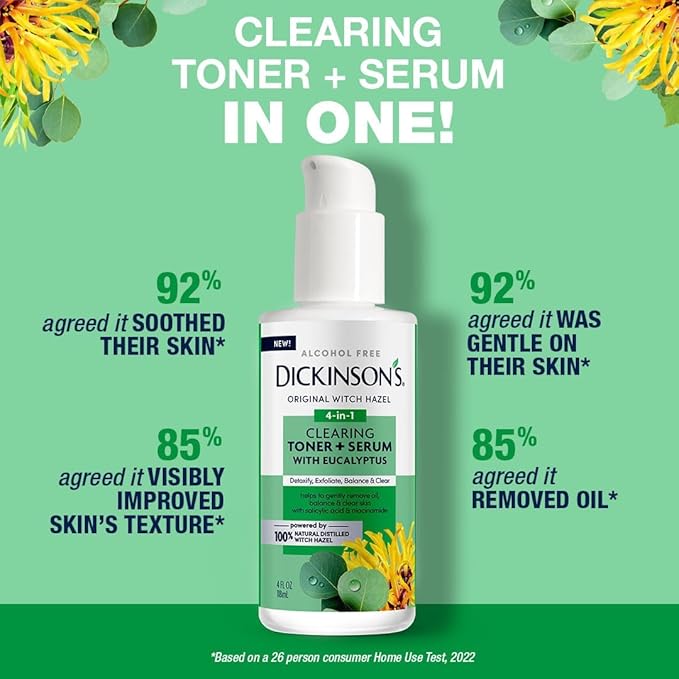 Dickinson's Original Witch Hazel Clearing Toner + Serum with Eucalyptus | 100% Natural Distilled Witch Hazel | Alcohol-Free | Detoxifies & Tones Skin | Unclogs Pores | 4 Fl Oz