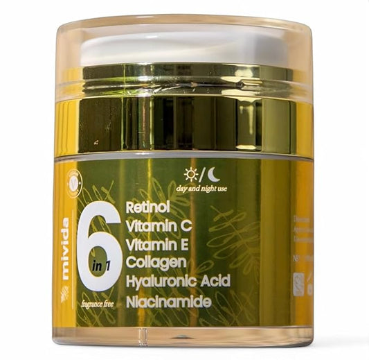 mivida Advanced Retinol Cream for Face & Neck | 6-in-1 Anti-Aging Moisturizer with Collagen, Hyaluronic Acid, Vitamin C & E | Firming, Hydrating, Wrinkle-Reducing | Daily Face Cream - 1.7 fl oz