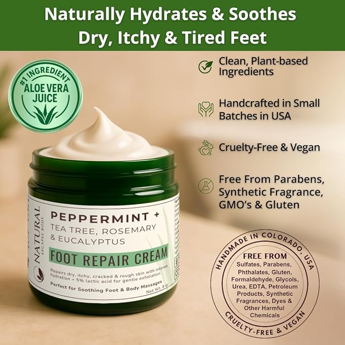 Peppermint, Rosemary, Eucalyptus & Tea Tree Oil Foot Cream for Dry Feet, Cracked Heels, Calluses, Athlete's Foot - Heel Repair Cream for Women & Men (8 oz)