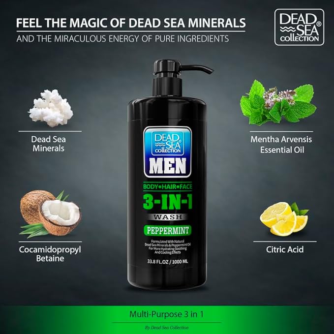 Dead Sea Collection Mens Body Wash 3 in 1 – Peppermint Body Wash for Men – Shower Gel – Shampoo – Shower Soap for Face and Hair – Pack of 2 Bottles (33.8 Fl. Oz. Each)