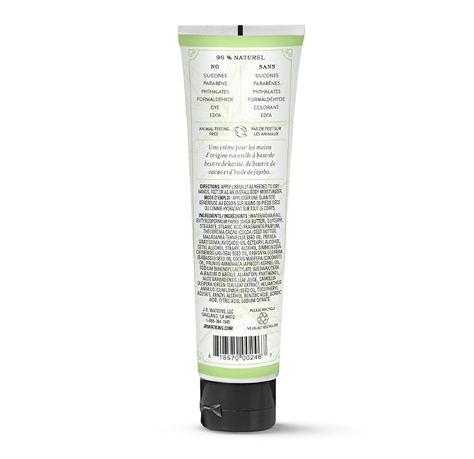 J.R. Watkins Natural Moisturizing Hand Cream, Hydrating Hand Moisturizer with Shea Butter, Cocoa Butter, and Avocado Oil, USA Made and Cruelty Free, 3.3oz, Aloe & Green Tea, Single